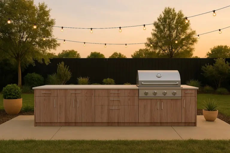 Outdoor kitchen island with LIOHER cabinetry and built-in grill under string lights